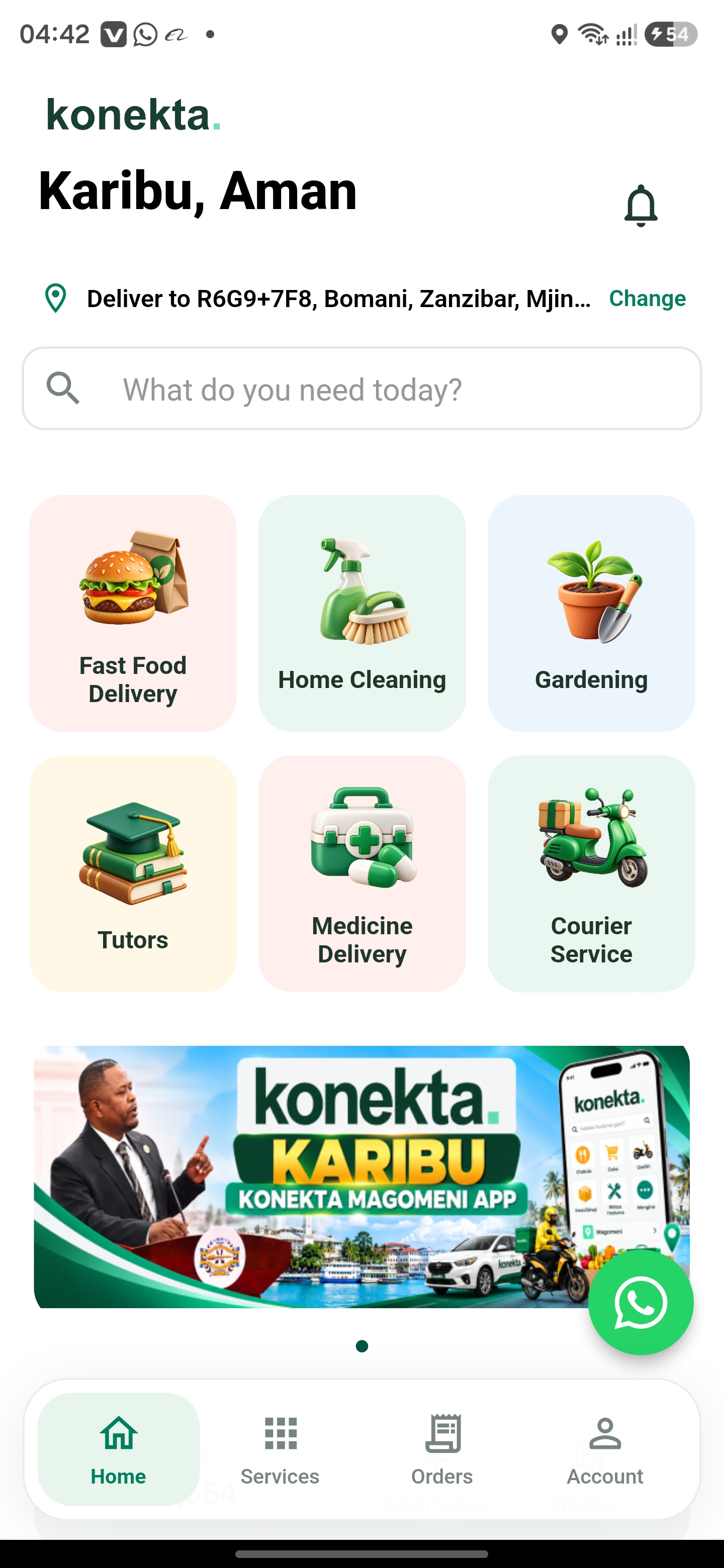 Konekta app home screen with delivery and service categories